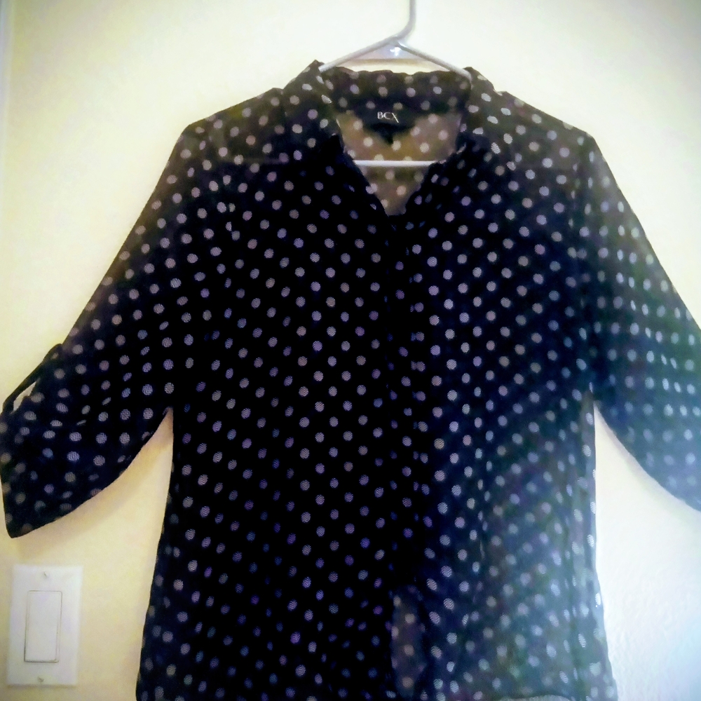 BCX Black and White Sheer Polka Dot Blouse Button Up Size Med